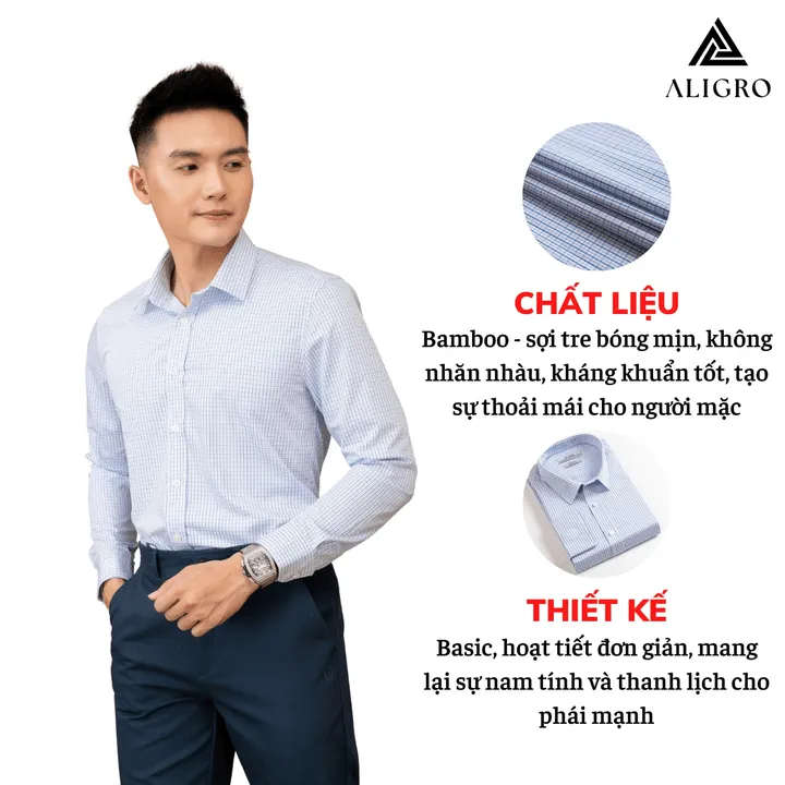 Alternative view of Áo Sơ Mi Nam Dài Tay Aligro 100% Chất Liệu Bamboo Sợi Tre Sọc Caro Màu Xanh Cổ Bẻ Dáng Ôm Algs220 - Aligro