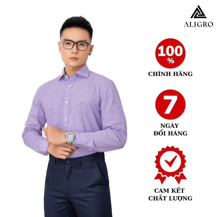 Áo Sơ Mi Nam Dài Tay Aligro Màu Tím, 100% Chất Cotton Thoáng Mát, Thấm Hút Mồ Hôi Tốt, Cổ Bẻ, Dáng Ôm Body Algs153 - Aligro