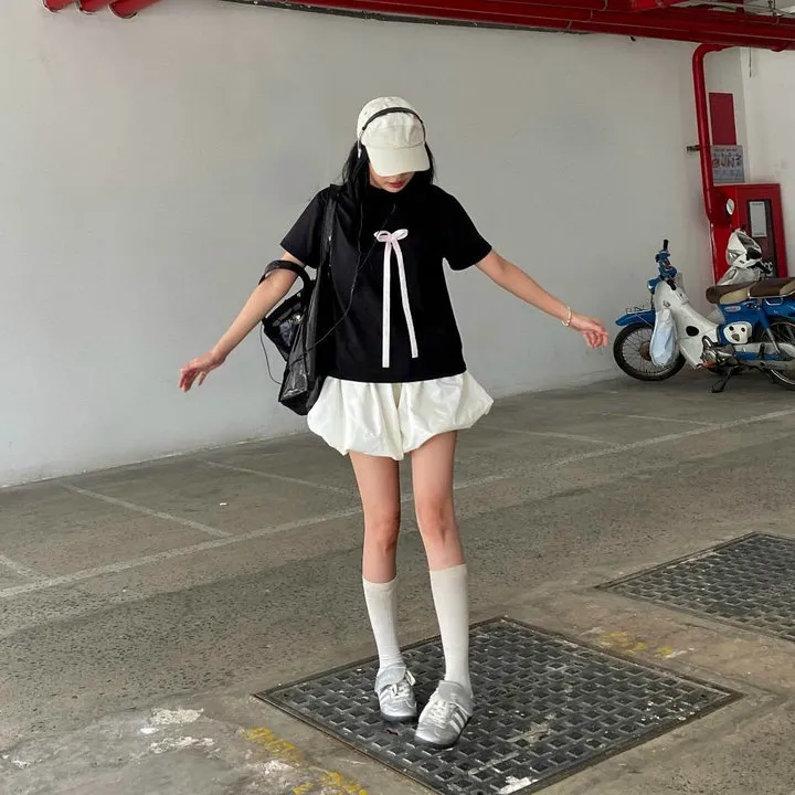 Áo Thun Nữ Cổ Tròn Đính Nơ Trước Ngực Và Sau Áo Chất Thun Cotton Co Giãn Thoáng Mát -htm Fashion