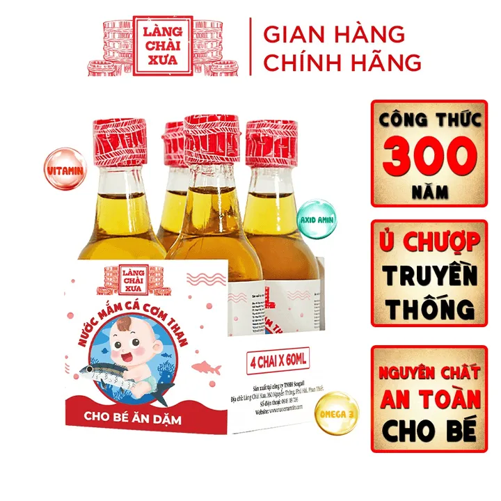 [lốc 4 Chai] Nước Mắm Cá Cơm Than Làng Chài Xưa Cho Bé Ăn Dặm Từ 6 Tháng Tuổi, An Toàn, Nhiều Cá Ít Muối Chứa Nhiều Vitamin 60ml/chai - Làng Chài Xưa
