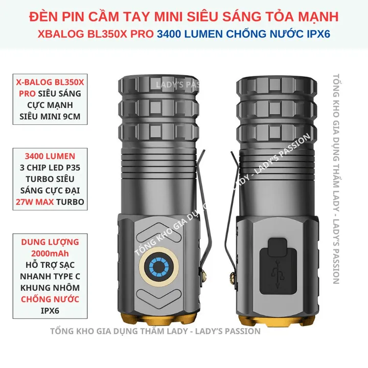 Đèn Pin Cầm Tay Mini Siêu Sáng Xbalog Bl350x Pro Vỏ Nhôm Chống Nước Ipx7, Độ Sáng Tối Đa 3400 Lumen Gd195 - Lady's Passion
