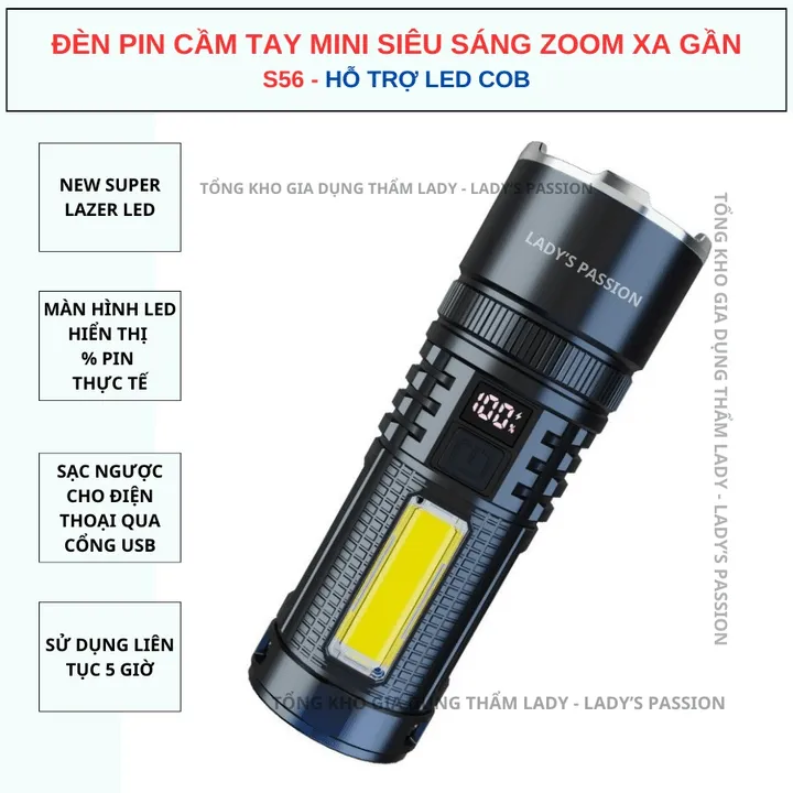 Đèn Pin Cầm Tay S56 Chiếu Xa 500 Mét Có Zoom Xa Gần Chống Nước Sạc Ngược Cho Điện Thoại Gd199 - Lady's Passion