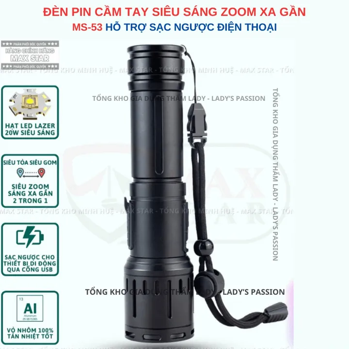 Đèn Pin Cầm Tay Ms53 Siêu Sáng Zoom Xa Gần Tích Hợp Sạc Ngược Cho Điện Thoại Chống Nước Ipx5 Gd201 - Lady's Passion