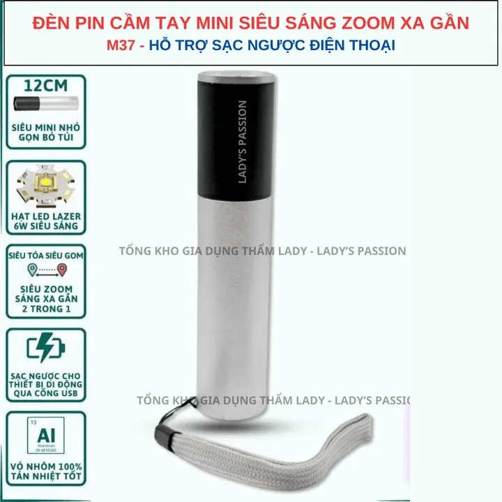 Đèn Pin Cầm Tay Mini M37 Siêu Sáng Zoom Xa Gần Hỗ Trợ Sạc Ngược Cho Điện Thoại Gd198 - Lady's Passion