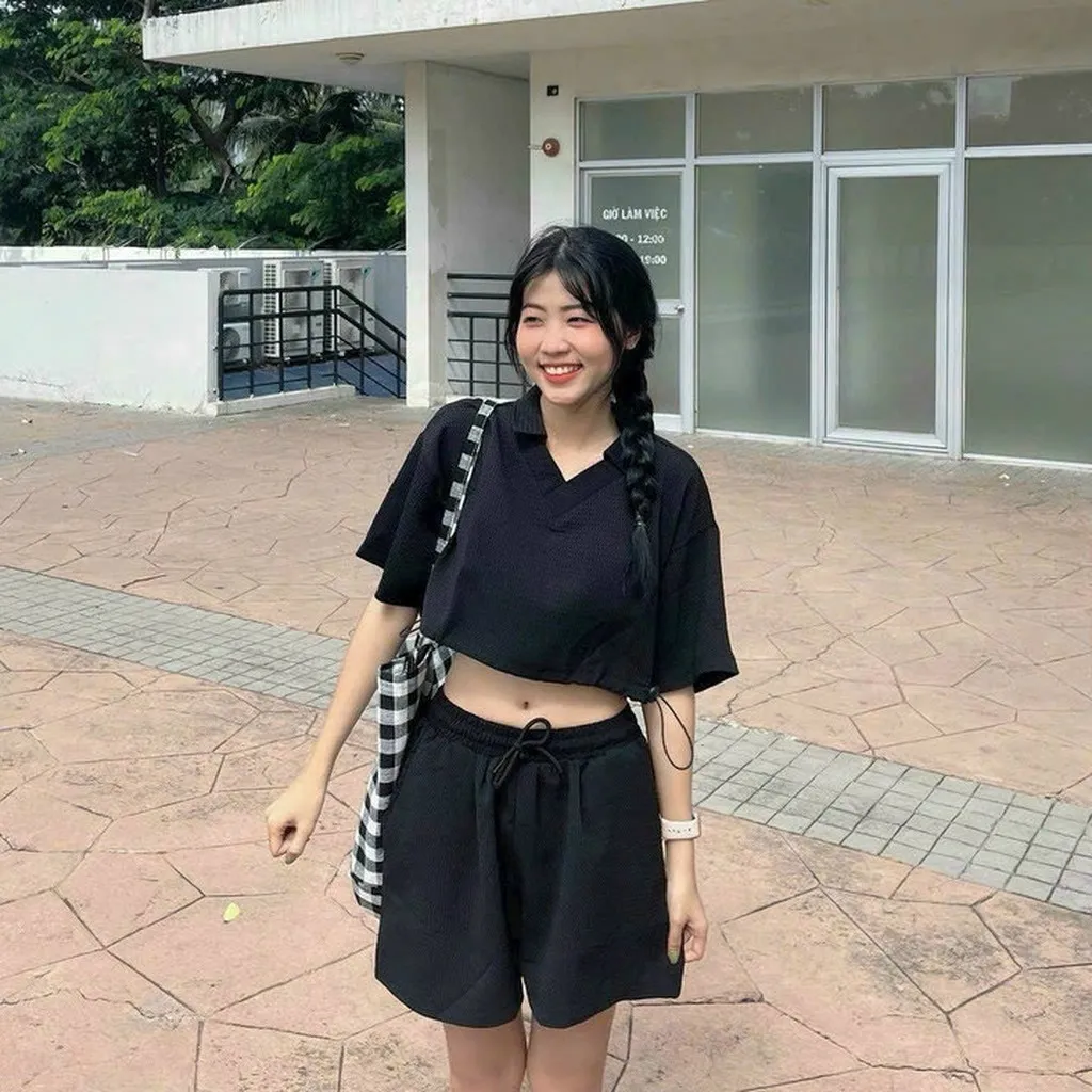 Alternative view of Set Đồ Bộ Mặc Nhà Đi Chơi Dạo Phố Dáng Lửng Croptop Chất Tổ Ong Mềm Mịn Cổ Trụ Tim Có Dây Khoen Rút Quần Có Dây Luồng Đi - Sht164 - Minh Hà House
