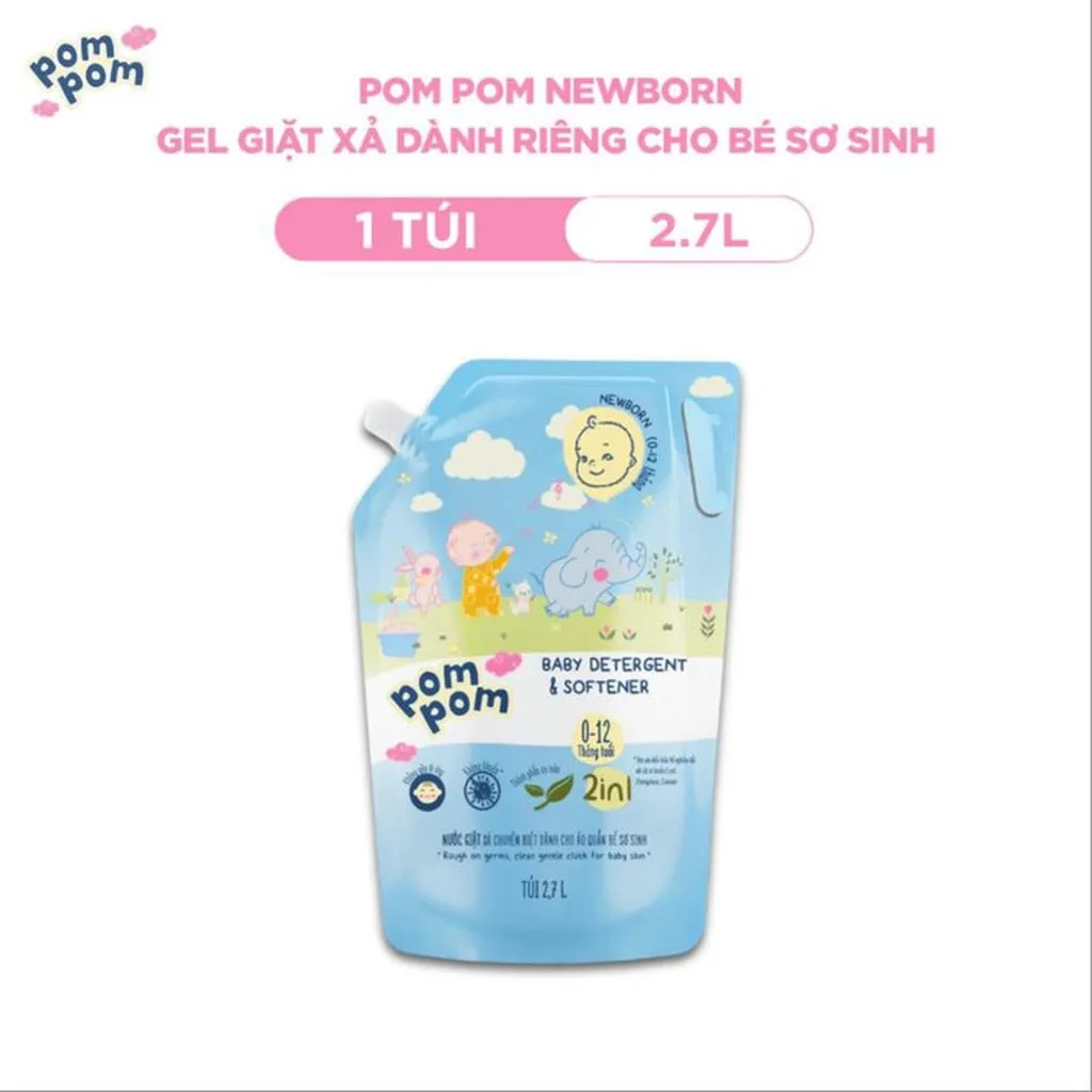 Túi 2.7l - Dành Cho Bé Sơ Sinh - Gel Giặt Xả 2in1 - Sạch Sâu Kháng Khuẩn - Khử Mùi Nôn Trớ, Ọc Sữa, Tè Khai-lưu Hương Phấn Thơm Dịu Nhẹ