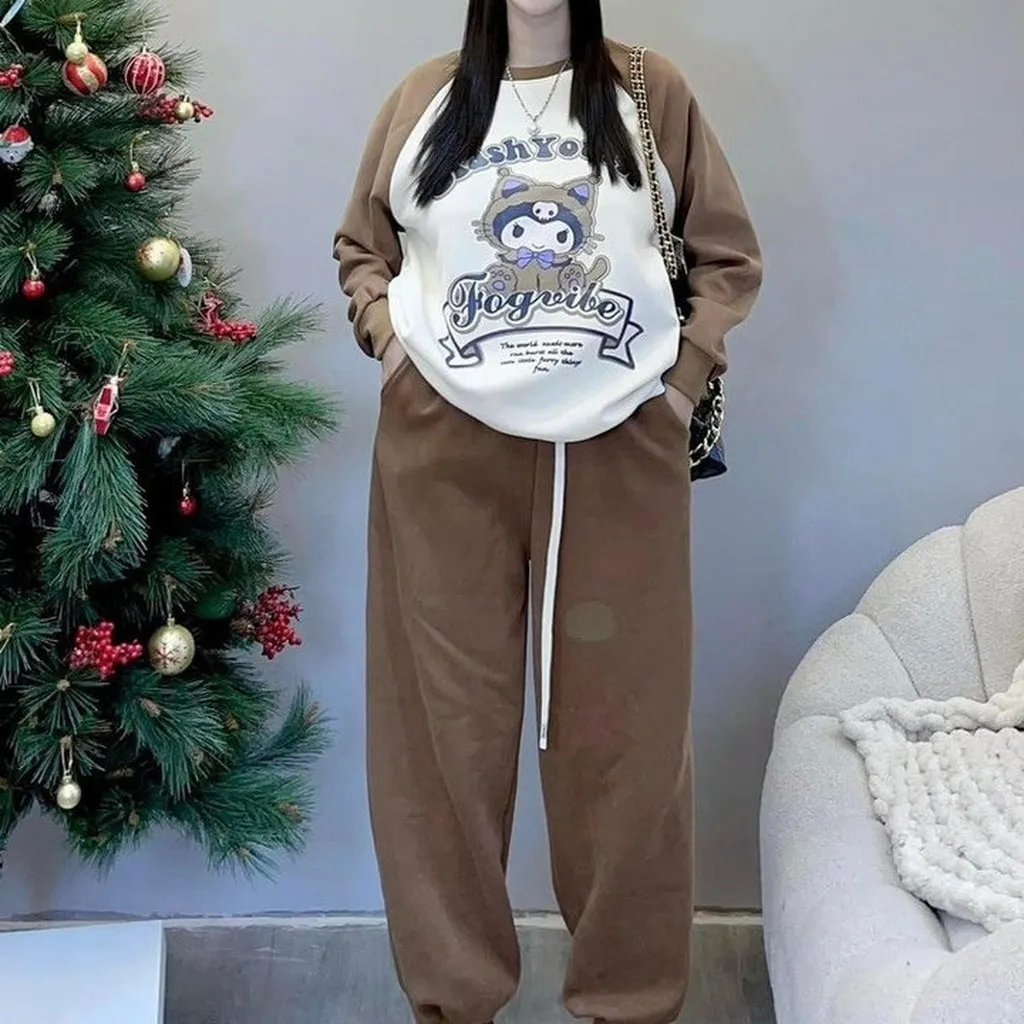 Set Đồ Bộ Nỉ Nữ Dáng Dài Cổ Tròn Phối Hoạt Hình Slashyouth Đi Chơi Du Lịch Dạo Phố -htm Fashion