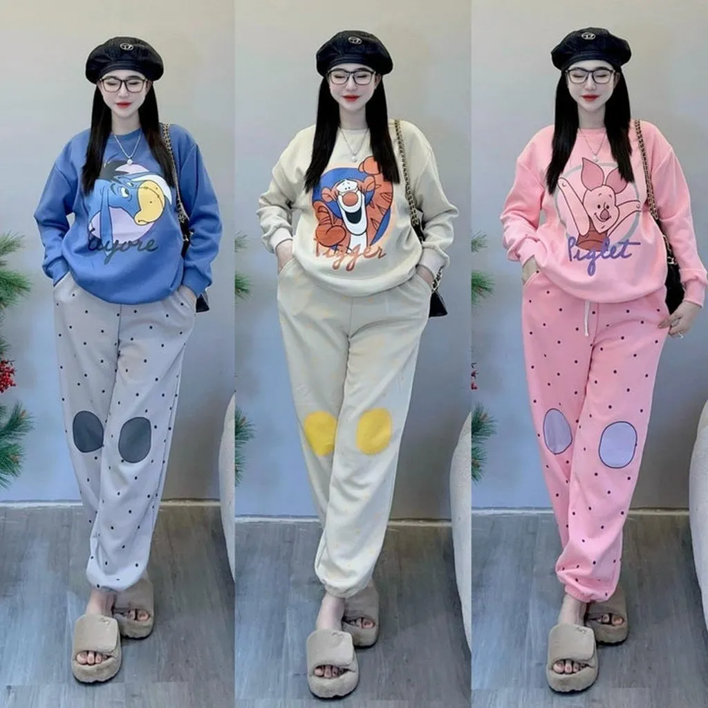 Set Bộ Đồ Dáng Dài Nữ In Hoạt Hình Quần Chấm Bi Dễ Thương -htm Fashion