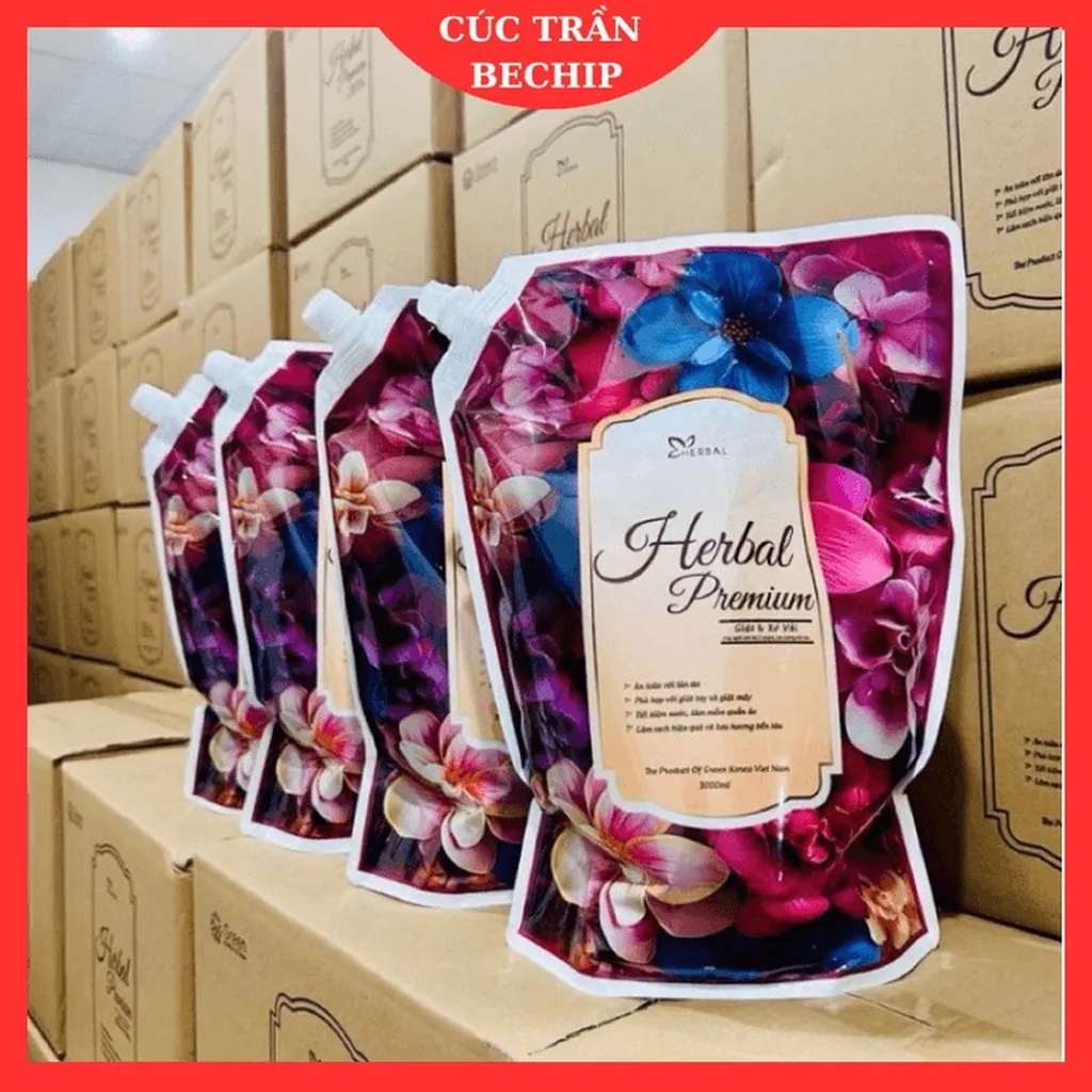 Thùng 4 Túi ( Túi 3 Lít) Nước Giặt Xả Herbal Pramium Hương Nước Hoa Pháp Siêu Sạch, An Toàn Với Trẻ Sơ Sinh - Ctb744