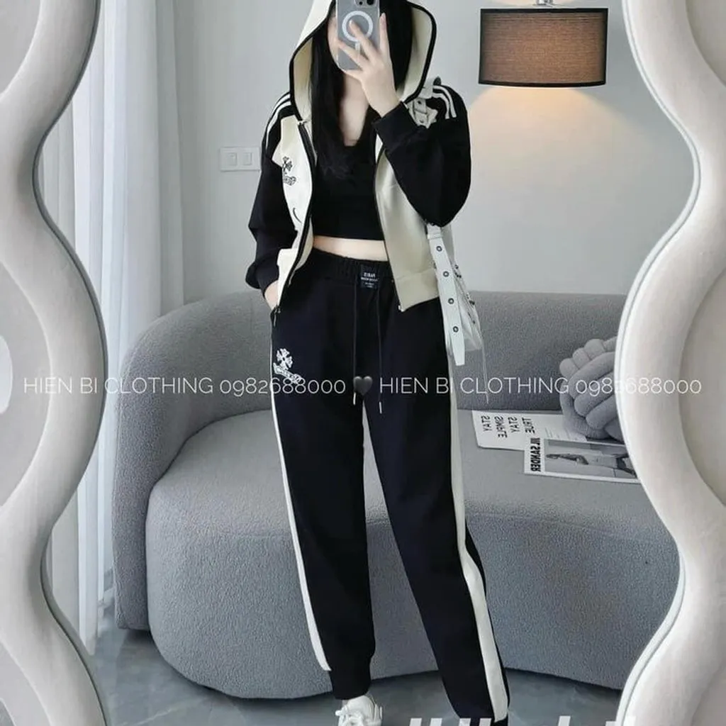 Set Đồ Bộ Nỉ Nữ Dáng Dài Có Nón Phối Khóa Kéo Họa Tiết Cỏ Bốn Lá Thời Trang -htm Fashion