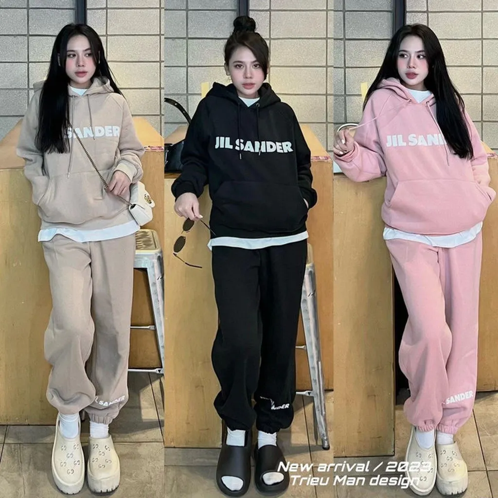 Set Đồ Bộ Nỉ Nữ Dáng Dài Có Nón Tròng Đầu In Chữ Jil Sander Chất Nỉ Mềm Mịn -htm Fashion