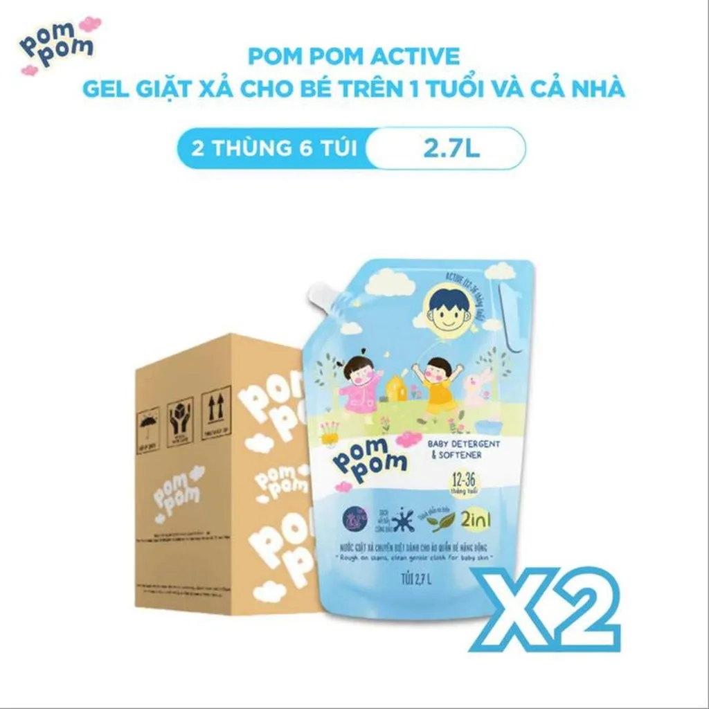 [2 Thùng 6 Túi 2.7l] - Dành Cho Cả Nhà - Gel Giặt Xả 2in1 "lành" Pompom Active