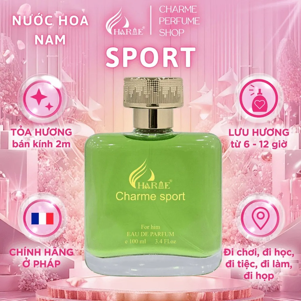 Nước Hoa Nam Charme Sport 100ml Lưu Hương Lâu Phong Cách Mạnh Mẽ, Nam Tính
