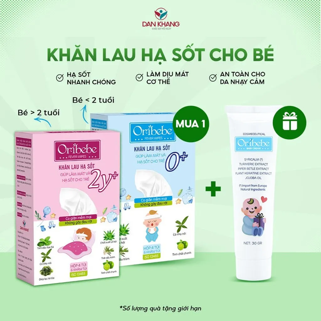 Khăn Lau Hạ Sốt Oribebe Cho Bé Giúp Hạ Nhiệt Giảm Sốt 0+/2y+ Hộp 4 Túi X 6 Khăn - Oribe