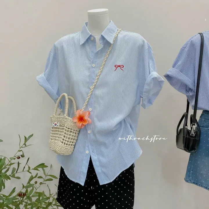 [mới] Áo Sơ Mi Nữ Tay Ngắn Phối Nơ Thêu Basic Phong Cách Hàn Quốc Thời Trang Mùa Hè Unsiex Tp64