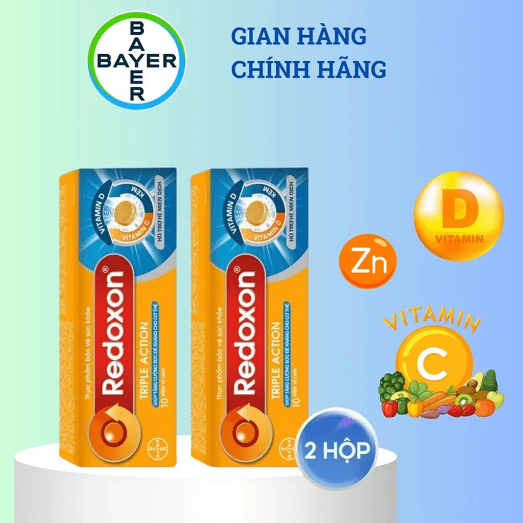 [bayer] Combo 2 Viên Sủi Bổ Sung Vitamin C, D, Và Kẽm Redoxon Triple Action Hộp 10 Viên X2 Hỗ Trợ Tăng Sức Đề Kháng