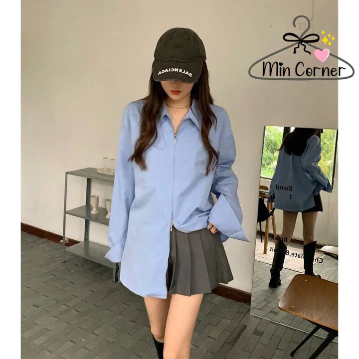 Áo Sơ Mi Tay Dài Form Rộng Khoá Kéo 2 Chiều Chất Lụa Hàn Unisex Ms103 - Min Corner