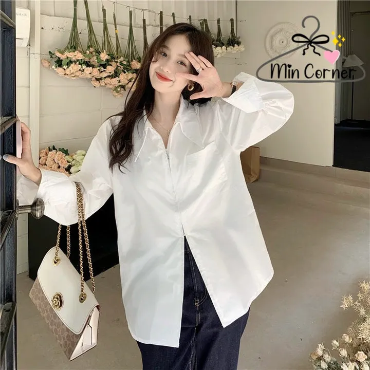 Alternative view of Áo Sơ Mi Tay Dài Form Rộng Khoá Kéo 2 Chiều Chất Lụa Hàn Unisex Ms103 - Min Corner