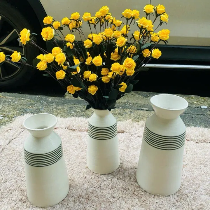 Bộ 3 Bình Gốm Bát Tràng Dáng Ly Cao Men Trắng Họa Tiết Kẻ Decor, Cắm Hoa Hồng, Ly..- Chipxinhxk