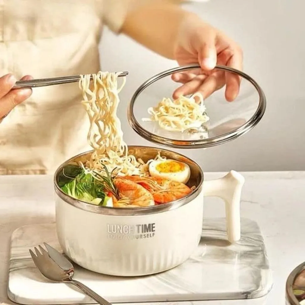 ( Km Giá Sốc ) Ca Ăn Mì Chống Nóng Cao Cấp Inox 304 Nắp Gấu Lunch Time - Nhà Quân Store