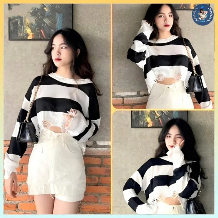 [ Rẻ Vô Địch ] Áo Len Rách Dáng Ngắn Croptop Hàng Quảng Châu Bao Đẹp