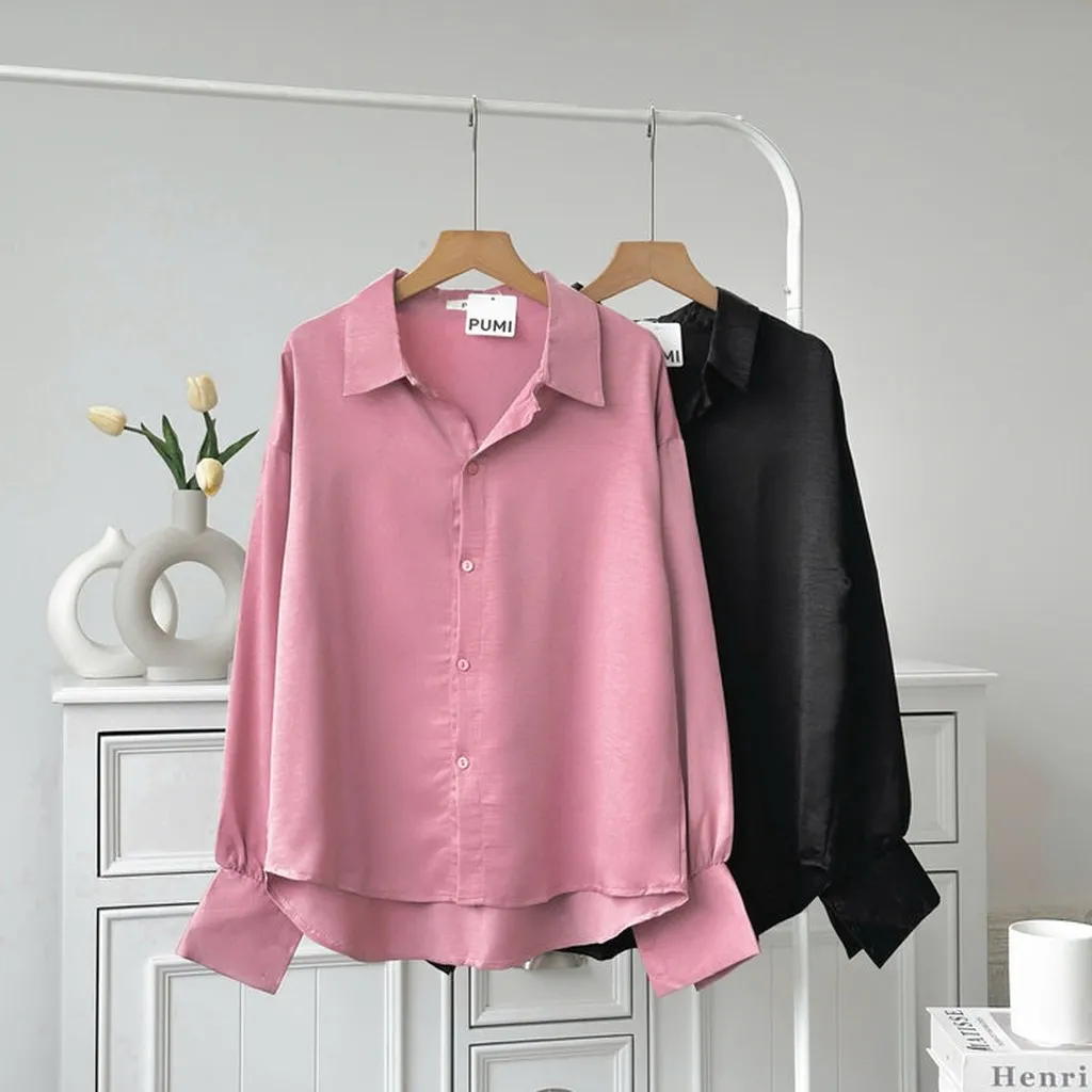 [shoppumi] Áo Sơ Mi Lụa Ướt Tay Dài Vạt Bầu Nhiều Màu Freeisze Pumi 16117