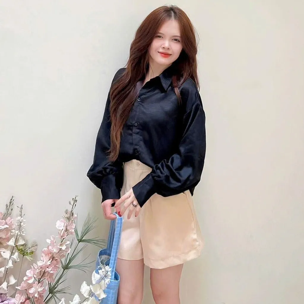 Alternative view of [shoppumi] Áo Sơ Mi Lụa Ướt Tay Dài Vạt Bầu Nhiều Màu Freeisze Pumi 16117