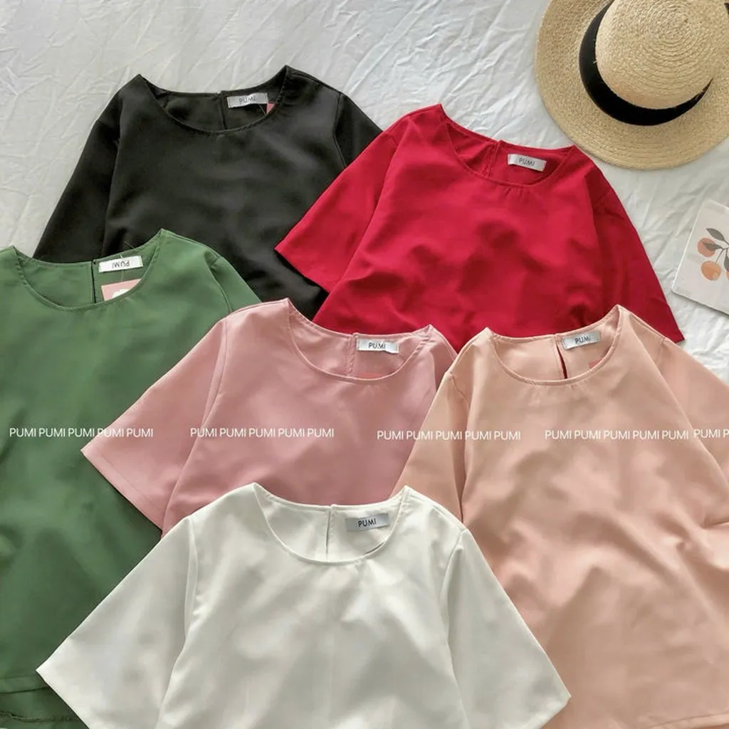 [shoppumi] Áo Kiểu Baby Doll Peplum Nữ Cổ Tròn Tay Ngắn Nhiều Màu Freesize Pumi 15684