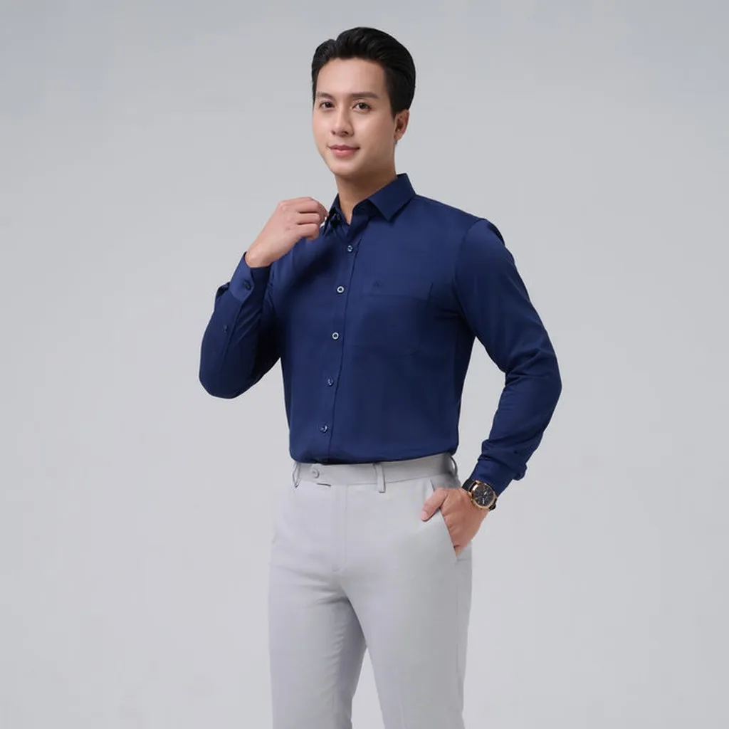 Áo Sơ Mi Nam Tay Dài Merriman Mã Thmol475 Chất Liệu Bamboo Màu Xanh Navy