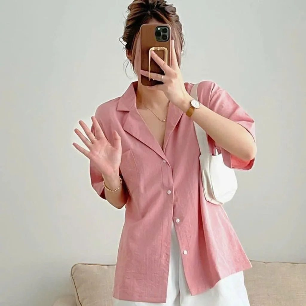 [shoppumi] Áo Sơ Mi Cổ Vest Trơn Có Túi Tay Ngắn Nhiều Màu Freesize Pumi 15943