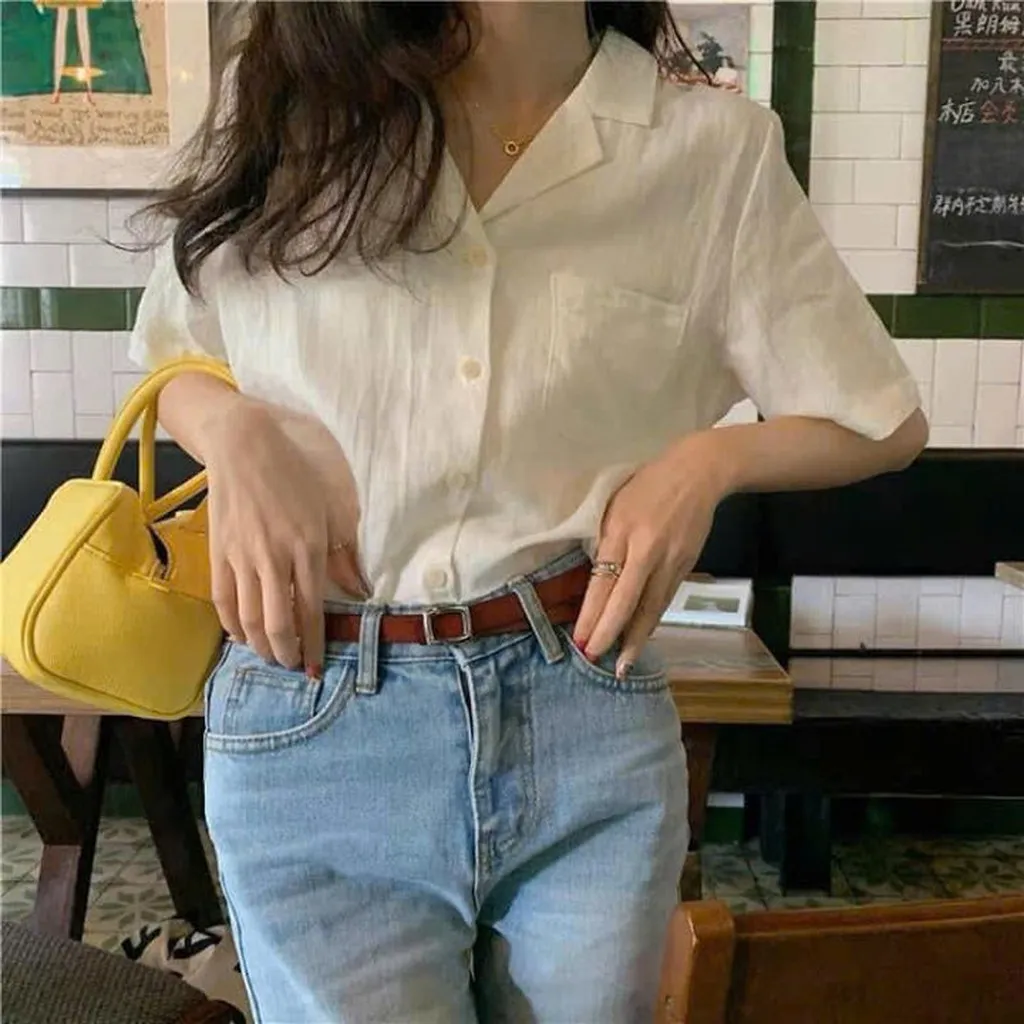Alternative view of [shoppumi] Áo Sơ Mi Cổ Vest Trơn Có Túi Tay Ngắn Nhiều Màu Freesize Pumi 15943