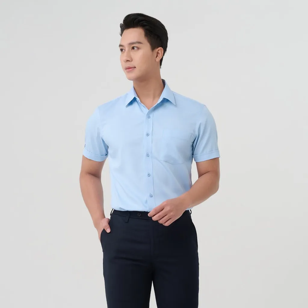 Áo Sơ Mi Nam Ngắn Tay Màu Xanh Merriman Mã Thmos475 Chất Liệu Bamboo