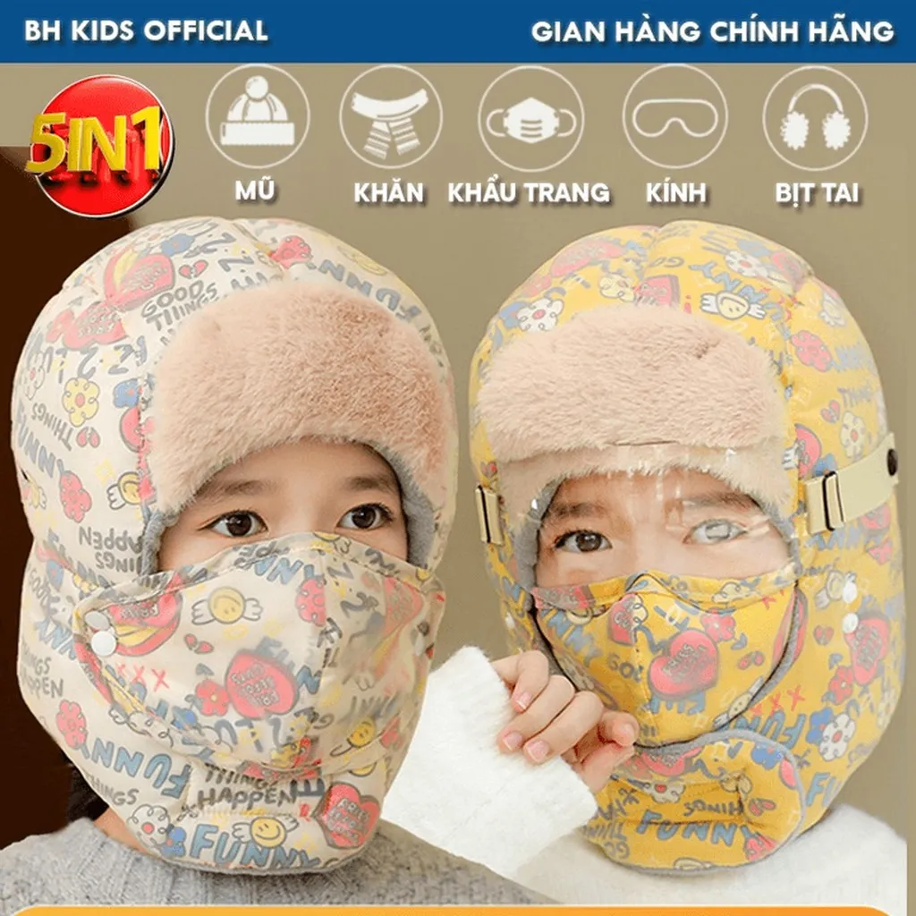Mũ Trùm Đầu 5 Trong 1, Có Kính , Họa Tiết Funny, Phù Hợp Nhiều Lứa Tuổi, Chống Nước, Chống Gió, Giữ Ấm, 3 Lớp Dày Dặn Ch171-bh Kids