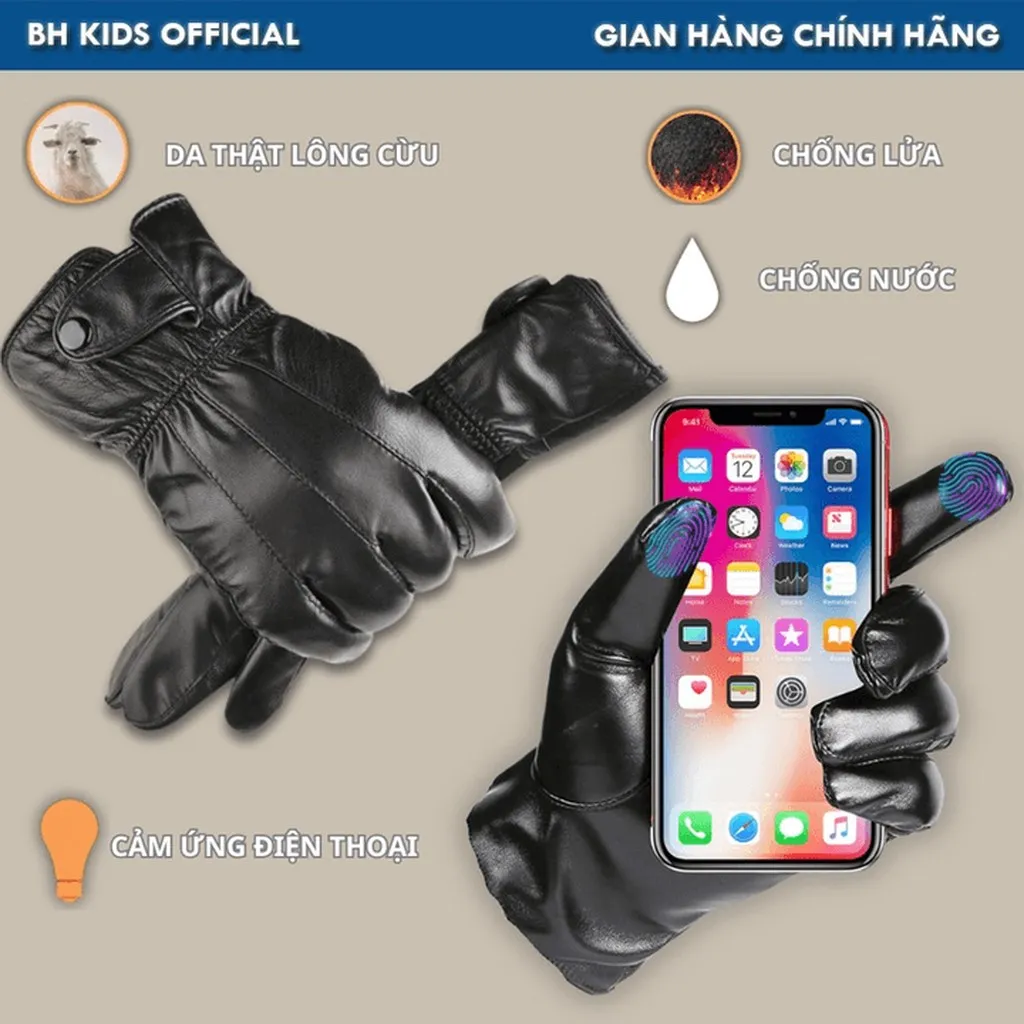 Găng Tay Da Thật Bh Kids Chống Nước, Lửa, Chống Nắng, Chống Gió, Đi Mưa Dành Cho Nam,nữ, Có Cảm Ứng Và Lót Nhung Cao Cấp Ch170-bh Kids