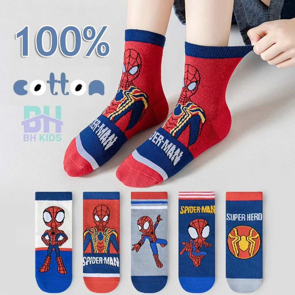 Combo 5 Đôi Tất, Vớ Siêu Nhân Nhện, Chất Liệu 100% Cotton, Thoáng Khí, Kháng Khuẩn, Cho Bé 3-10 Tuổi Ch169 - Bh Kids