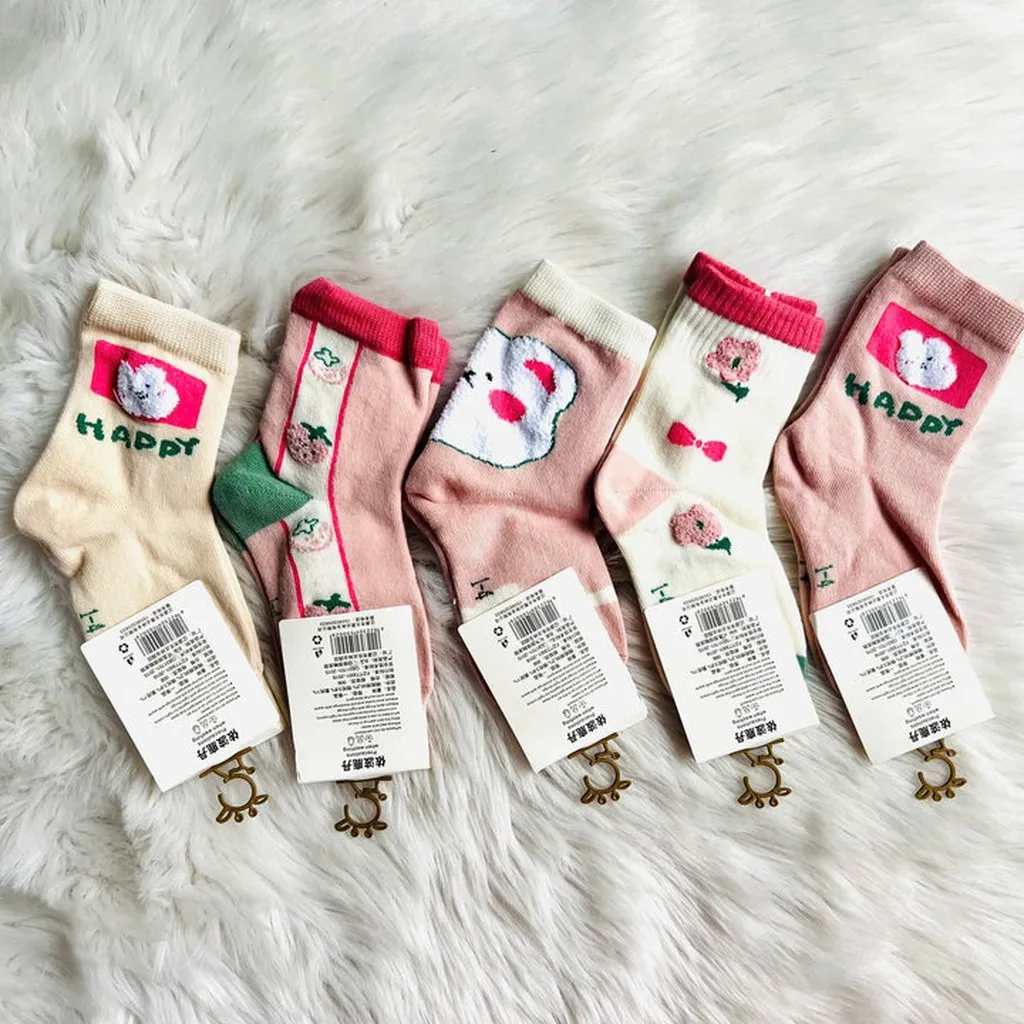 Set 5 Đôi Tất Trẻ Em Hồng Dễ Thương Size Từ 1-12 Tuổi Cho Trẻ Em