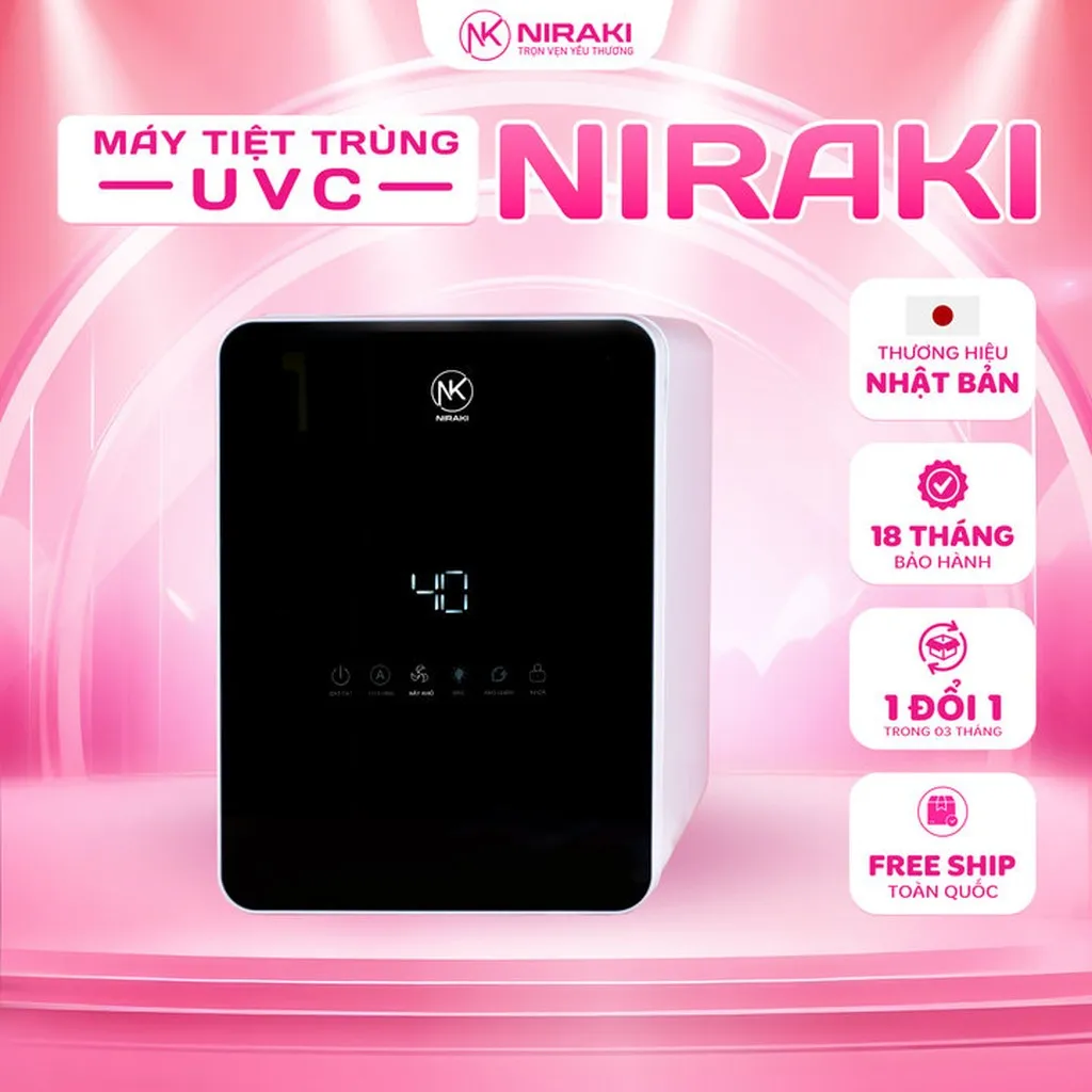 Máy Tiệt Trùng Niraki - Tiệt Trùng Bình Sữa, Sấy Khô, Bảo Quản Đồ Dùng Cho Bé - Tia Uvc, Mặt Tráng Gương, Dung Tích 18 Lít Bảo Hành Chính Hãng 18 Tháng