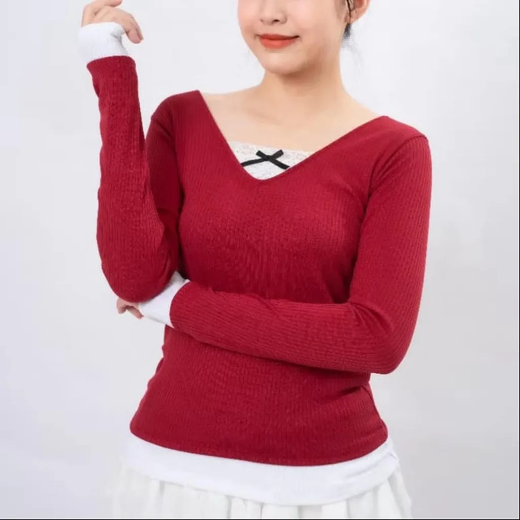 Áo Thun Tay Dài Cổ Tim Phối Ren Đính Nơ Ôm Body Gu40u- Sam Store