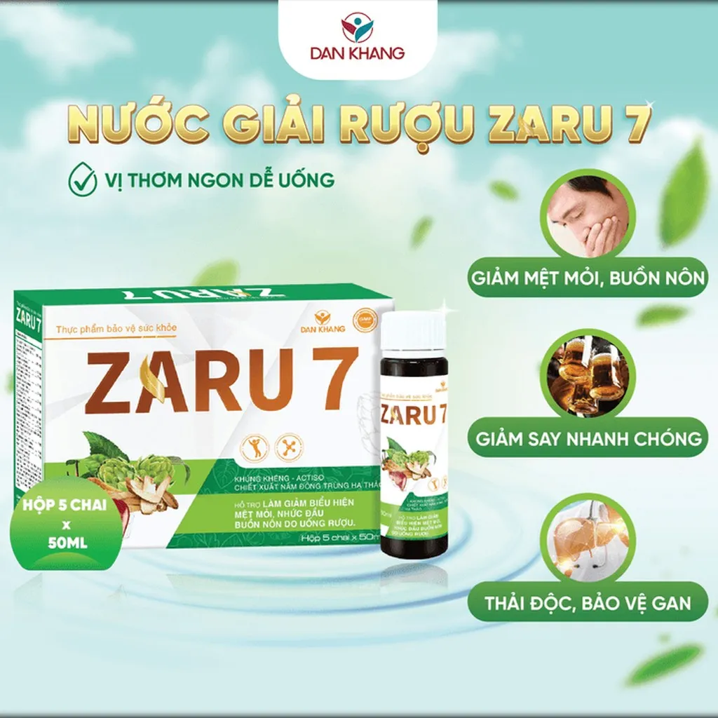 (hộp 5 Chai) Nước Giải Rượu Zaru 7 Thanh Nhiệt Mát Gan Hỗ Trợ Giảm Mệt Mỏi, Nhức Đầu, Buồn Nôn Do Rượu Bia - Dân Khang