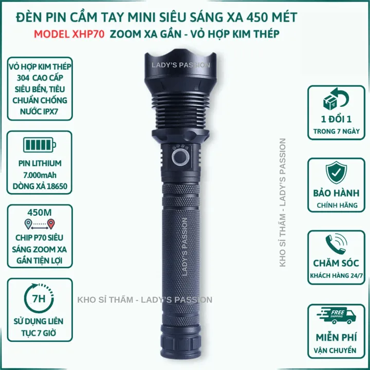 Đèn Pin Cầm Tay Siêu Sáng Xhp70 Chiếu Xa 700 Mét Chống Nước Ipx7 Pin Trâu Gd206 - Lady's Passion