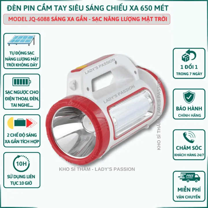 Đèn Pin Cầm Tay Siêu Sáng Jq 6088 Chiếu Xa 650 Mét Sạc Năng Lượng Mặt Trời, Sạc Ngược Cho Điện Thoại Gd207 - Lady's Passion