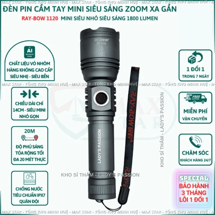 Đèn Pin Cầm Tay Mini Siêu Sáng Raybow 1120 Vỏ Nhôm Chống Nước Chip Led Lazer Siêu Sáng 10w Gd208 - Lady's Passion