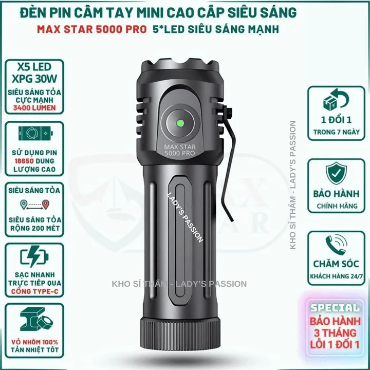 Đèn Pin Mini Cầm Tay Siêu Sáng Max Star 5000 Pro Sạc Trực Tiếp Sử Dụng Pin 18650 Siêu Sáng Mạnh Gd211 - Lady's Passion