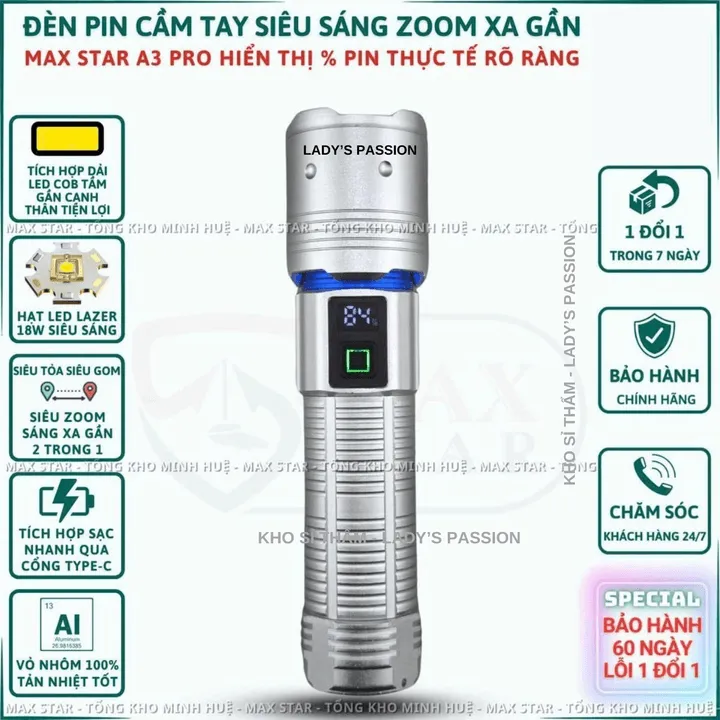 Đèn Pin Cầm Tay Siêu Sáng Zoom Xa Gần Max Star A3 Pro Hiển Thị Pin Tích Hợp Sạc Nhanh Chống Nước Ipx7 Siêu Sáng Xa 500m Gd212 - Lady's Passion