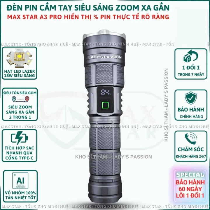 Đèn Pin Cầm Tay Siêu Sáng Zoom Xa Gần Max Star A3 Hiển Thị Pin Tích Hợp Sạc Nhanh Chống Nước Ipx7 Siêu Sáng Xa 500m Gd213 - Lady's Passion