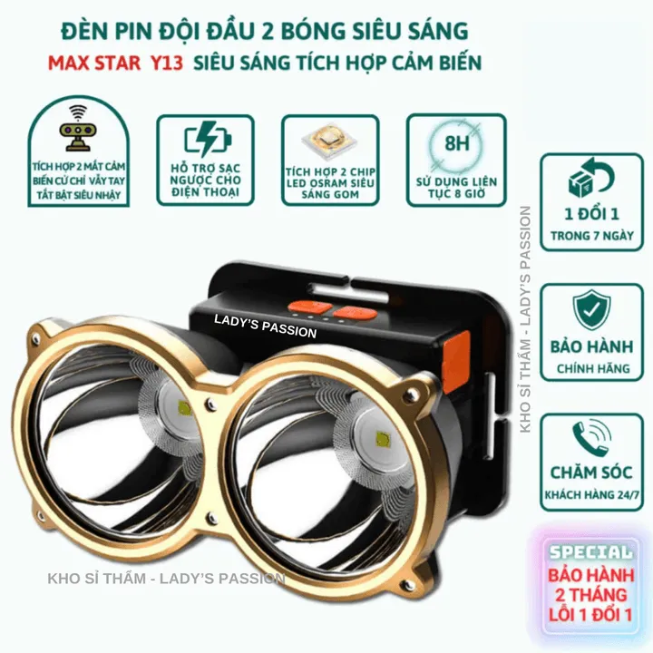 Đèn Pin Đội Đầu 2 Bóng Siêu Sáng Max Star Y13 Chiếu Xa 500 Mét Soi Sáng Liên Tục 8 Giờ Gd214 - Lady's Passion