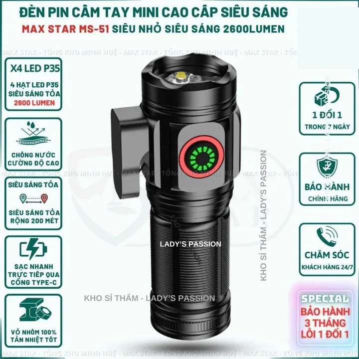 Đèn Pin Cầm Tay Mini Siêu Sáng Max Star Ms51 Vỏ Nhôm Chống Nước Ipx7 Độ Sáng Tối Đa 2600 Lumen Soi Sáng Liên Tục ~5 Giờ Gd217 - Lady's Passion