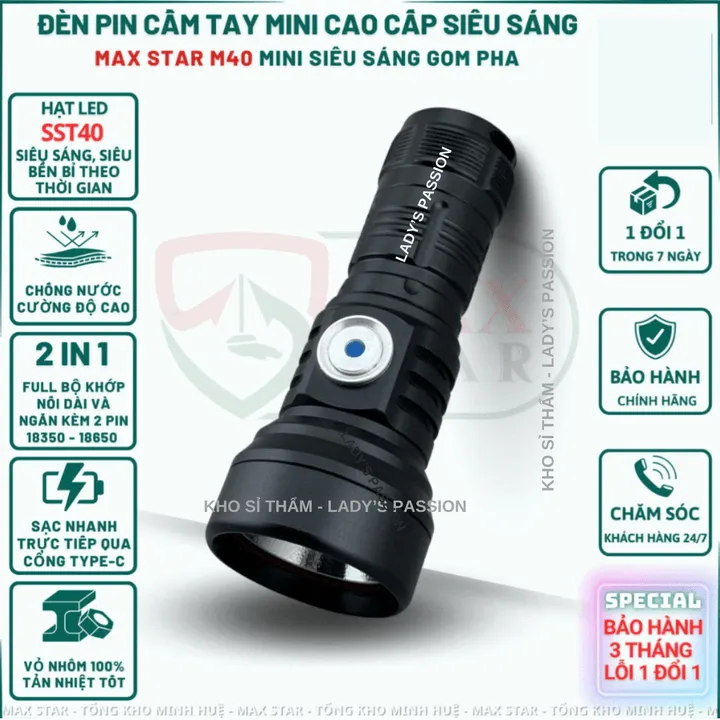 Đèn Pin Cầm Tay Mini Siêu Sáng Gom Pha Max Star M40 Vỏ Nhôm Chống Nước Ipx7 Led Sst40 Cao Cấp Gd220 - Lady's Passion