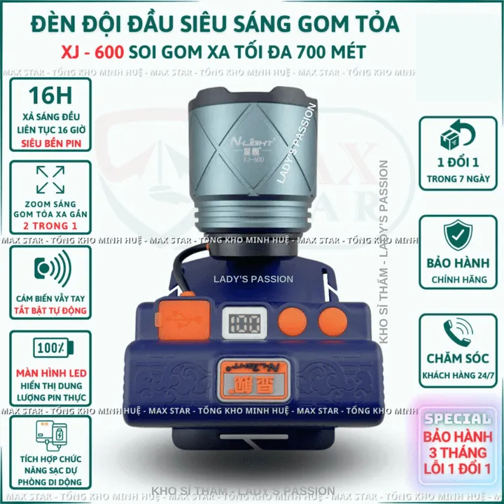 Đèn Pin Đội Đầu Siêu Sáng Xj600 Zoom Xa Gần Gom Tỏa Pin Trâu Cảm Biến Sạc Ngược Cho Điện Thoại Đa Năng Cao Cấp Gd221 - Lady's Passion