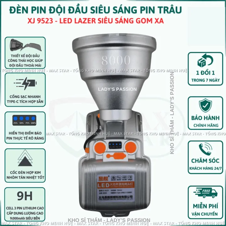 Đèn Pin Đội Đầu Siêu Sáng Xj9523 Chiếu Xa 1000m Tích Điện 10 Giờ Đổi 3 Màu Tặng Kèm Dây Đeo Đầu Thay Thế Gd222 - Lady's Passion